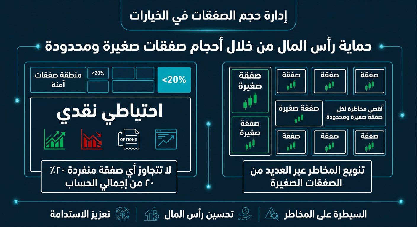 مخطط بسيط يوضح قاعدة حجم المركز: ألا تتجاوز الصفقة الواحدة 20% من الحساب مع الاحتفاظ بسيولة نقدية