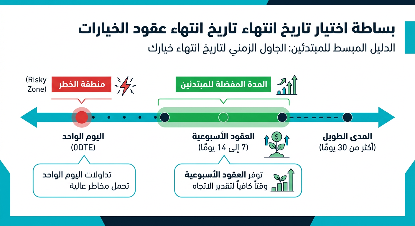 خط زمني مبسّط لاختيار مدة بقاء عقد الأوبشن يبرز العقود الأسبوعية من 7 إلى 14 يوماً كمدة مفضّلة للمبتدئين