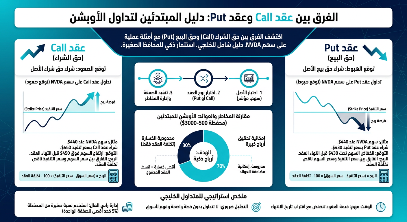 الفرق بين عقد Call وعقد Put: دليل المبتدئين لتداول الأوبشن - إنفوجرافيك تعليمي