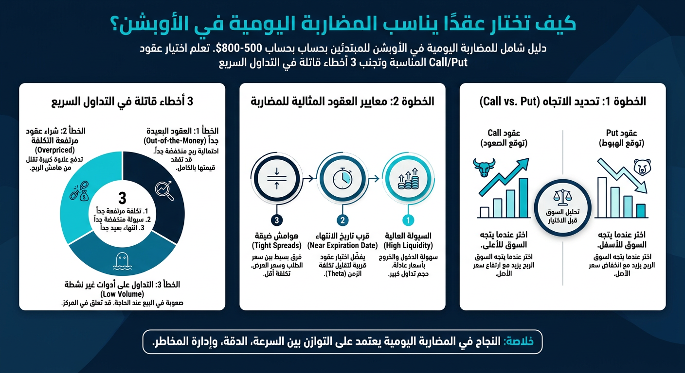 كيف تختار عقدًا يناسب المضاربة اليومية في الأوبشن؟ - إنفوجرافيك تعليمي