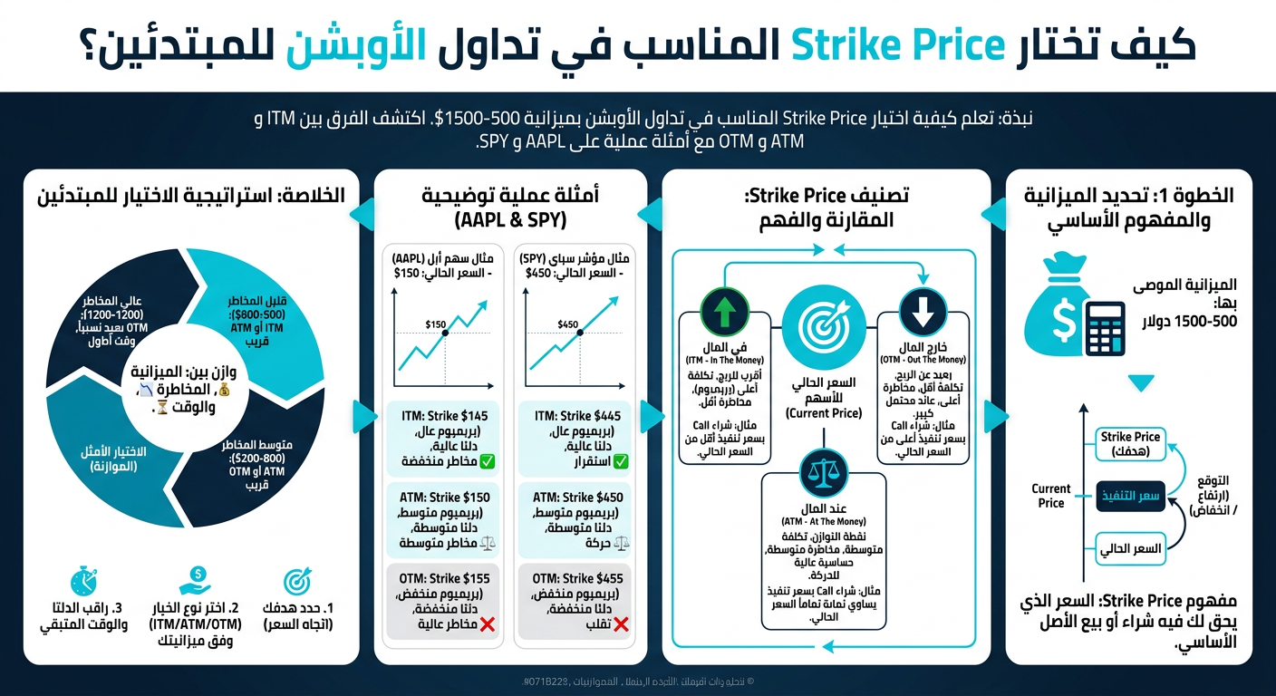 كيف تختار Strike Price المناسب في تداول الأوبشن للمبتدئين؟ - إنفوجرافيك تعليمي