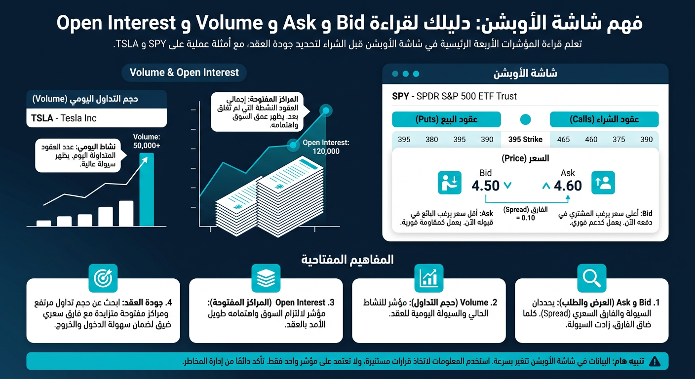 كيف تقرأ Bid و Ask و Volume و Open Interest في شاشة الأوبشن - إنفوجرافيك تعليمي