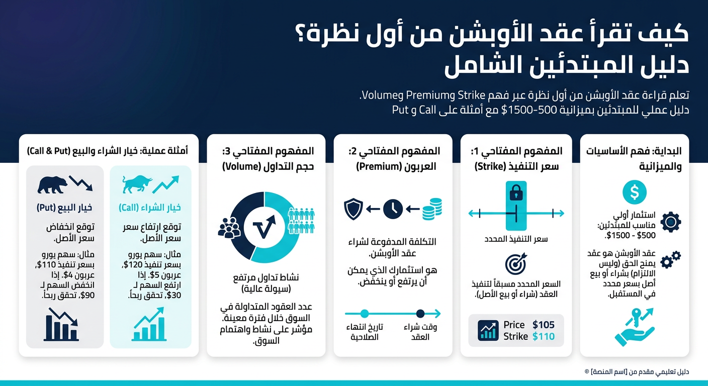 كيف تقرأ عقد الأوبشن من أول نظرة؟ دليل المبتدئين الشامل - إنفوجرافيك تعليمي