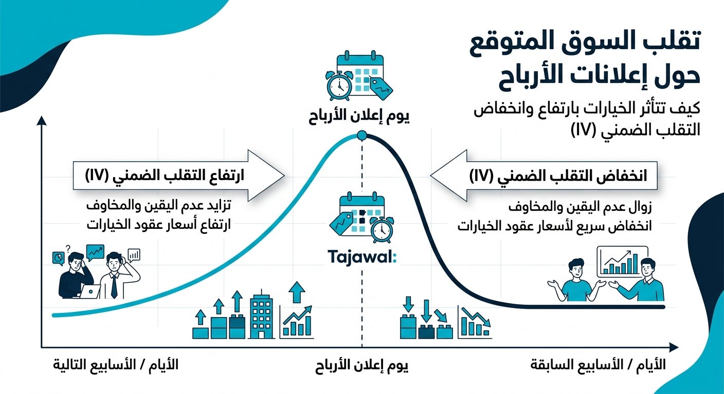 منحنى بسيط يوضح ارتفاع التذبذب الضمني قبل إعلان النتائج ثم انهياره بعده