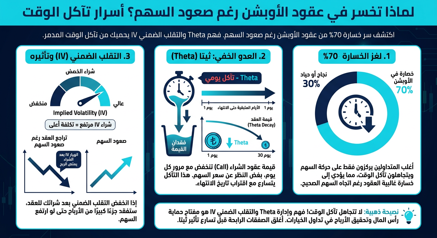 ليش تخسر في الأوبشن حتى لو السهم طلع؟ أسرار تآكل الوقت - إنفوجرافيك تعليمي