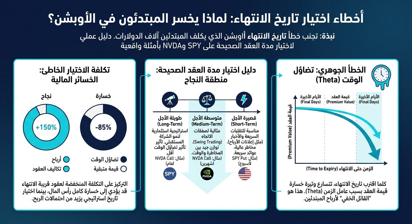 أخطاء اختيار تاريخ الانتهاء: لماذا يخسر المبتدئون في الأوبشن؟ - إنفوجرافيك تعليمي