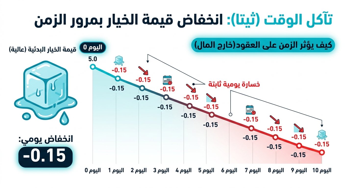 خط زمني بسيط يوضّح تآكل قيمة العقد يومياً بفعل الثيتا