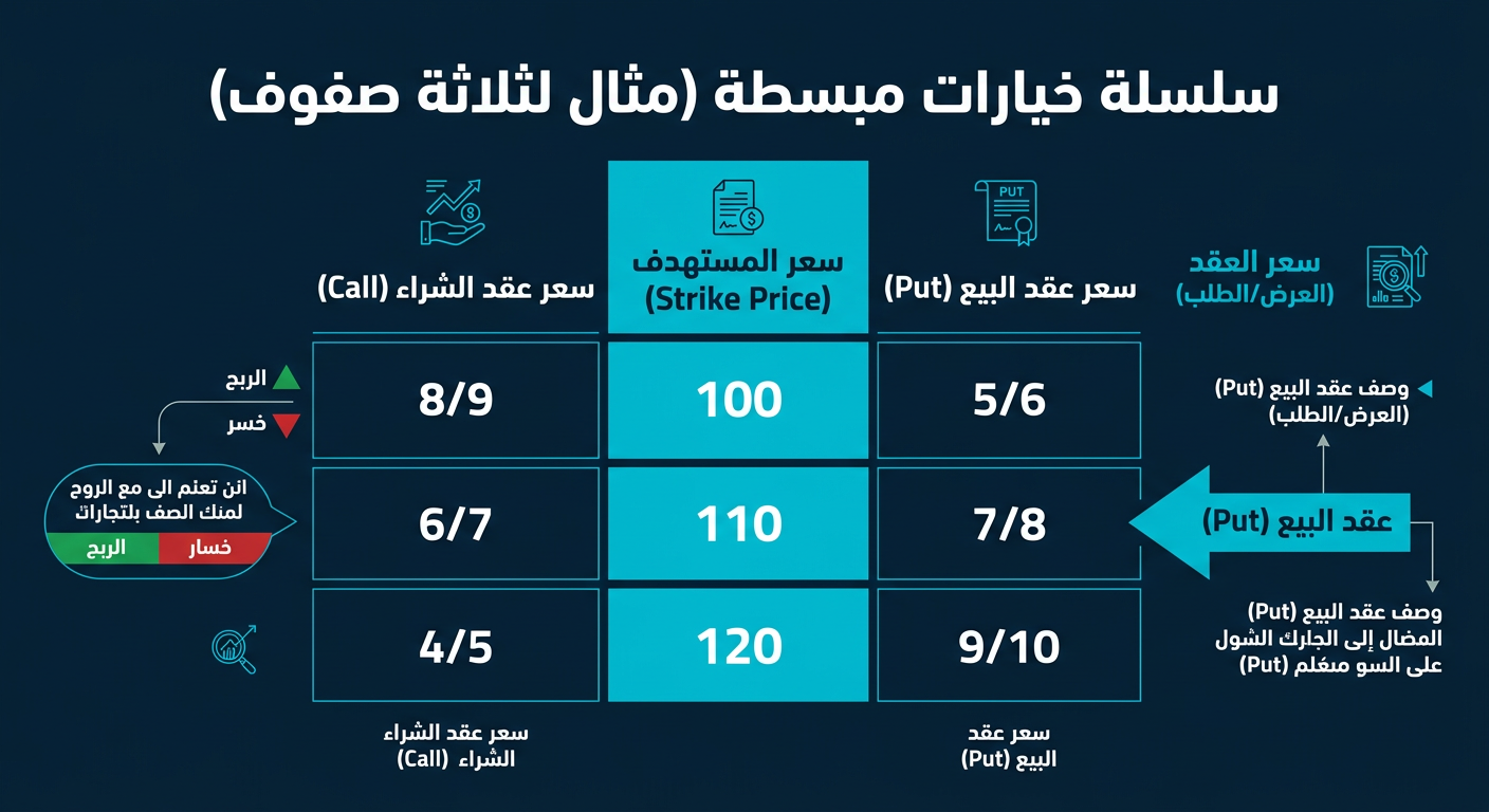 مخطط مبسط لشاشة عقود الأوبشن يبرز عمودي سعر التنفيذ وسعر العقد مع إشارة إلى صف عقد البوت المختار