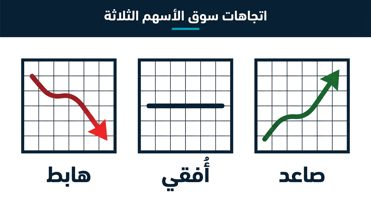 مخطط بسيط يوضح الاتجاه الصاعد والهابط والعرضي للسهم على الشارت