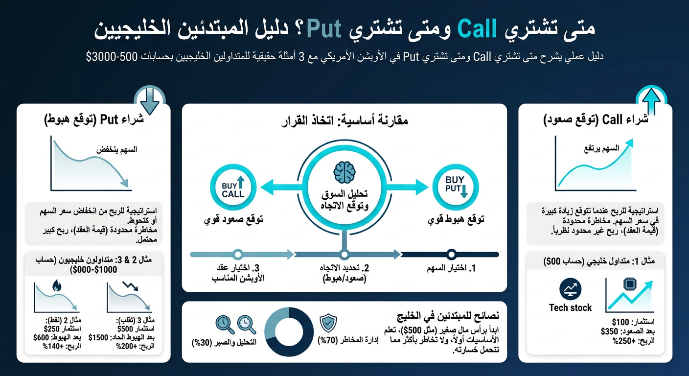 متى تشتري Call ومتى تشتري Put؟ دليل المبتدئين الخليجيين - إنفوجرافيك تعليمي