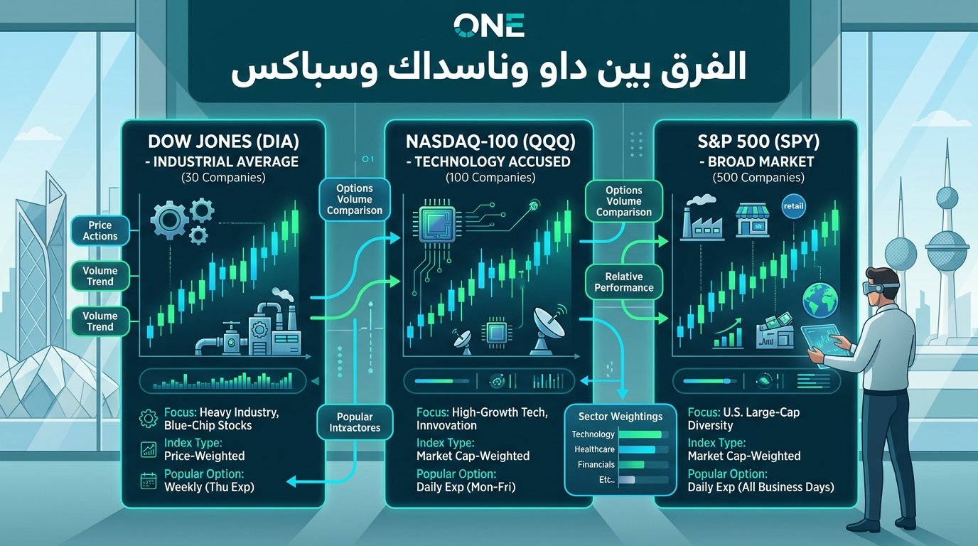 الفرق بين داو وناسداك وسباكس: أي مؤشر تتداول أوبشن بحساب صغير؟ (تحديث 2026)